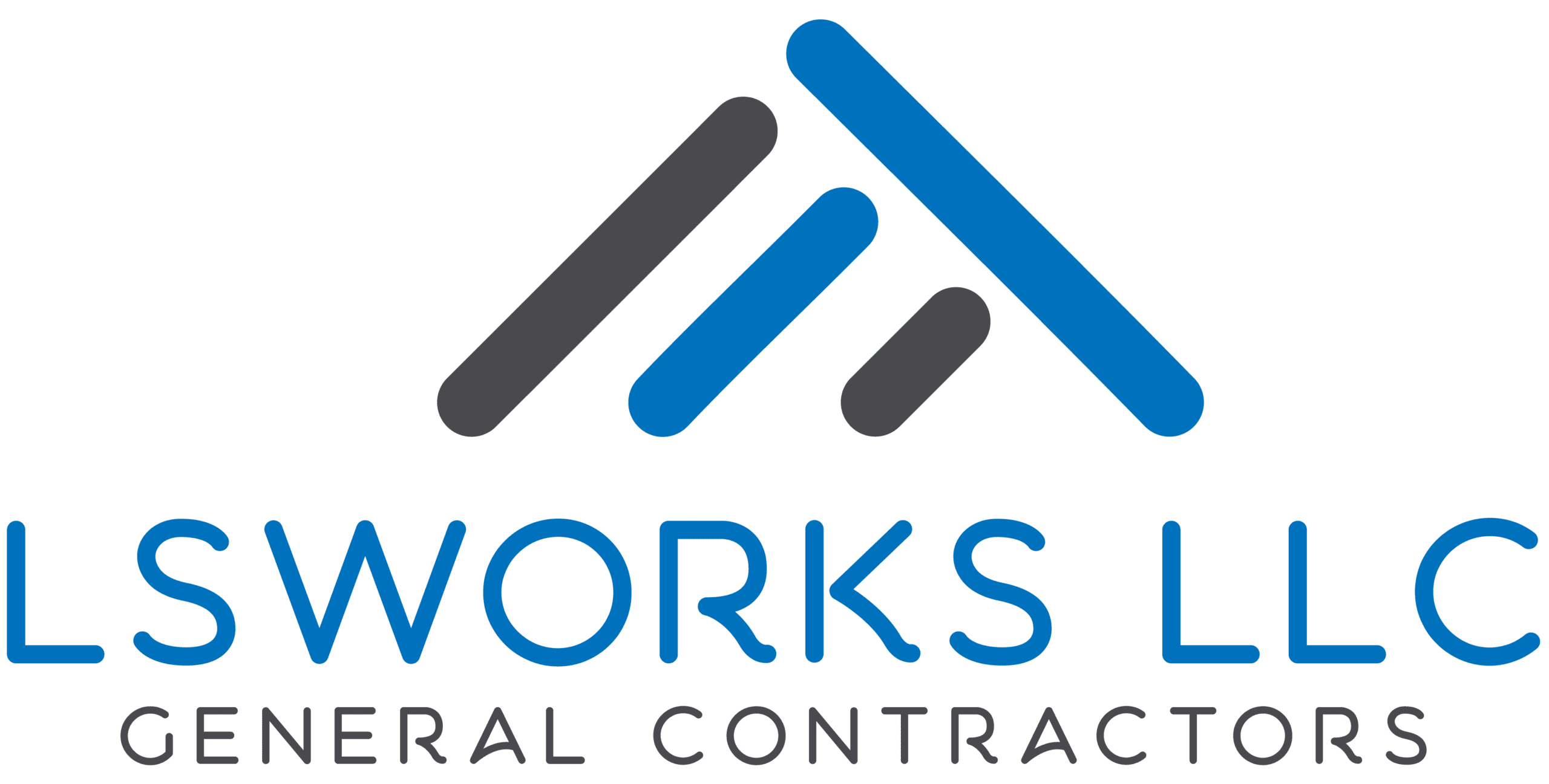 Logo of LSWorks LLC General Contractors featuring three diagonal lines in gray and blue above the company name.